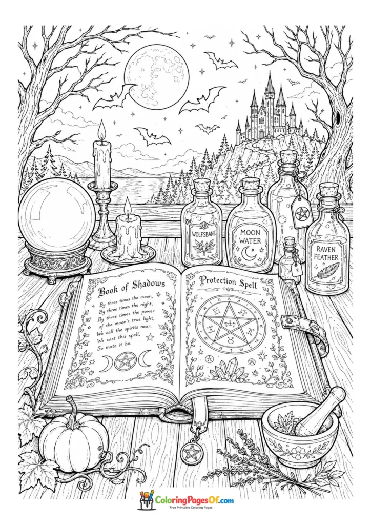 Open spellbook with a crystal ball, candles and potion bottles