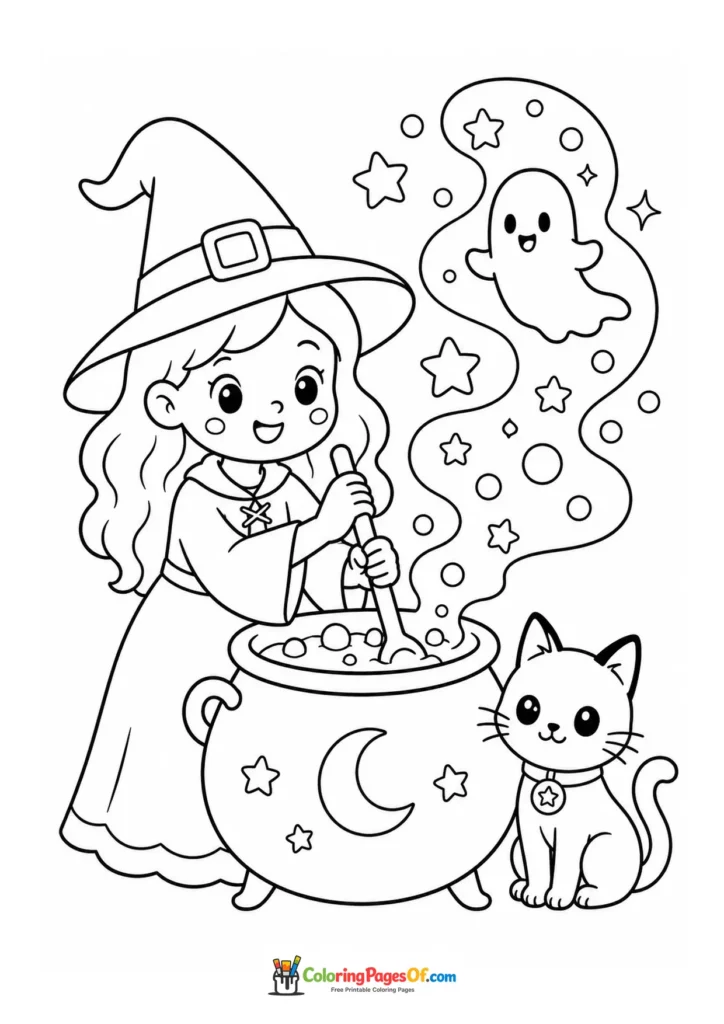 Cute witch stirring a bubbling cauldron with a small cat sitting beside her
