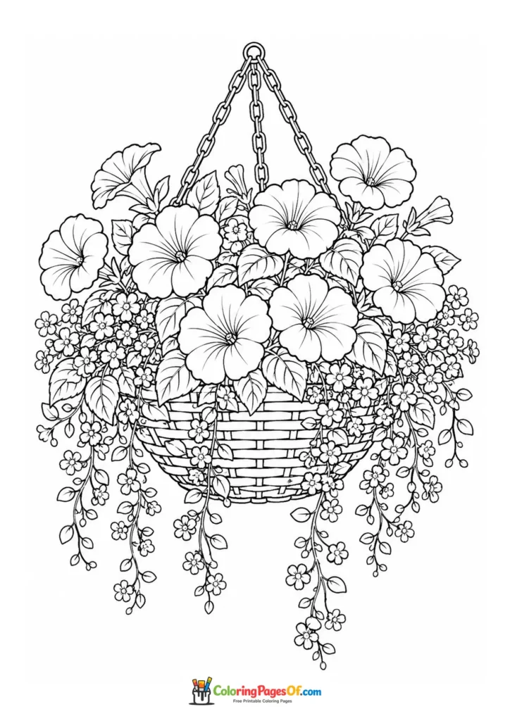 Detailed hanging basket packed with flowers and trailing stems coloring page