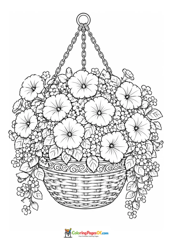 Hanging basket overflowing with flowers and trailing plants coloring page