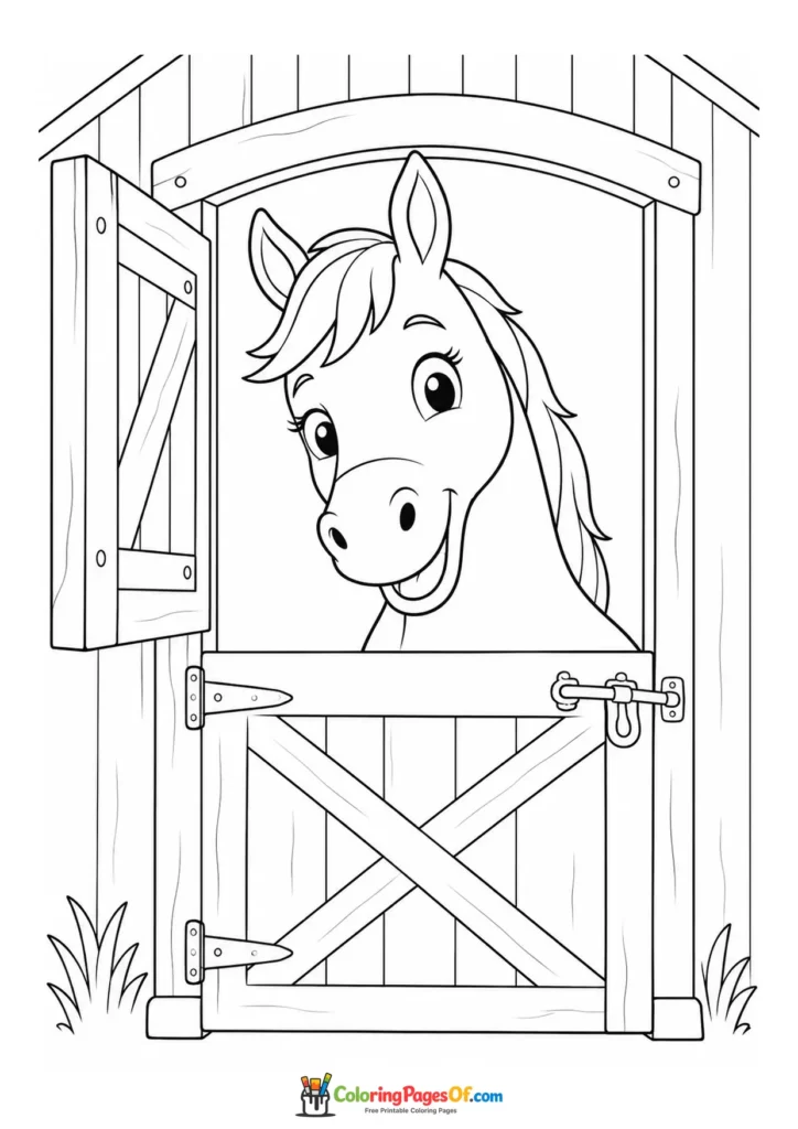 Happy horse peeking from a stable door coloring page