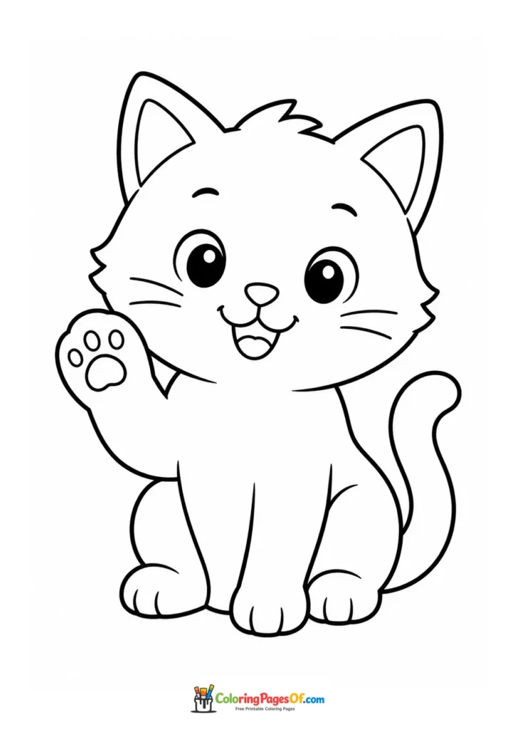 Happy kitten waving – printable black and white coloring page