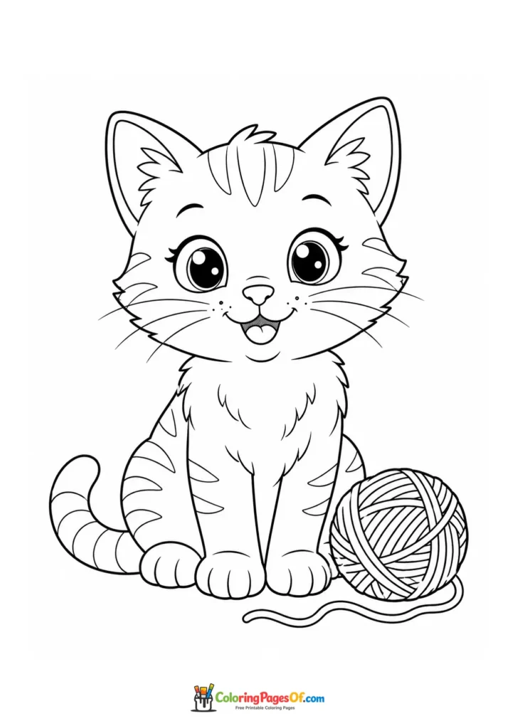 Happy kitten with a ball of yarn – printable black and white coloring page