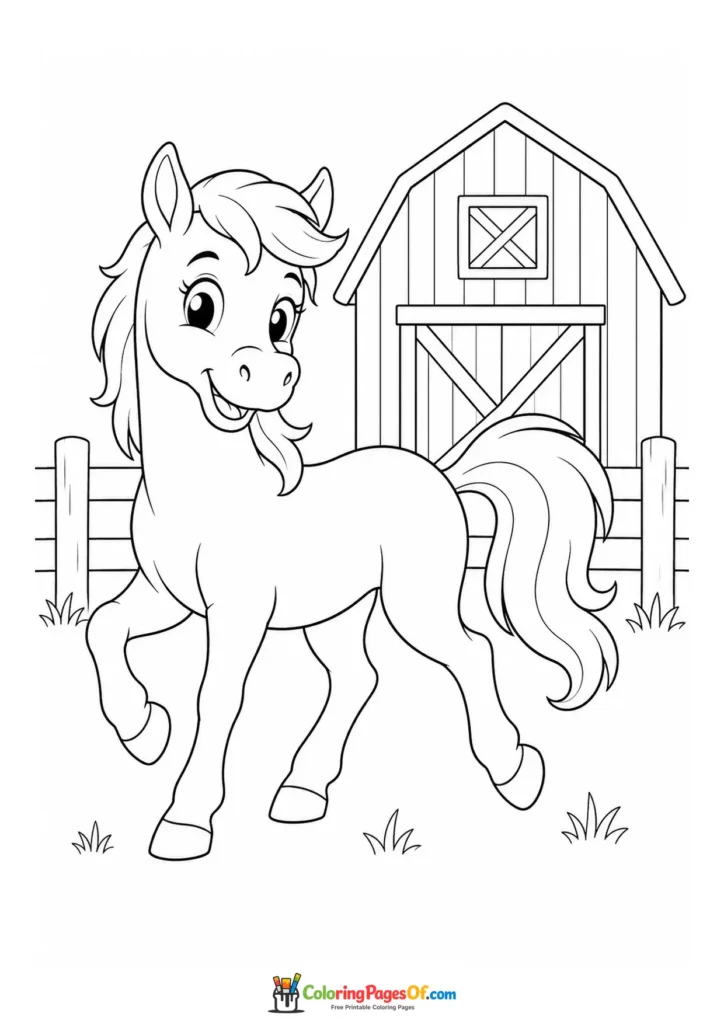 Happy pony on a farm coloring page