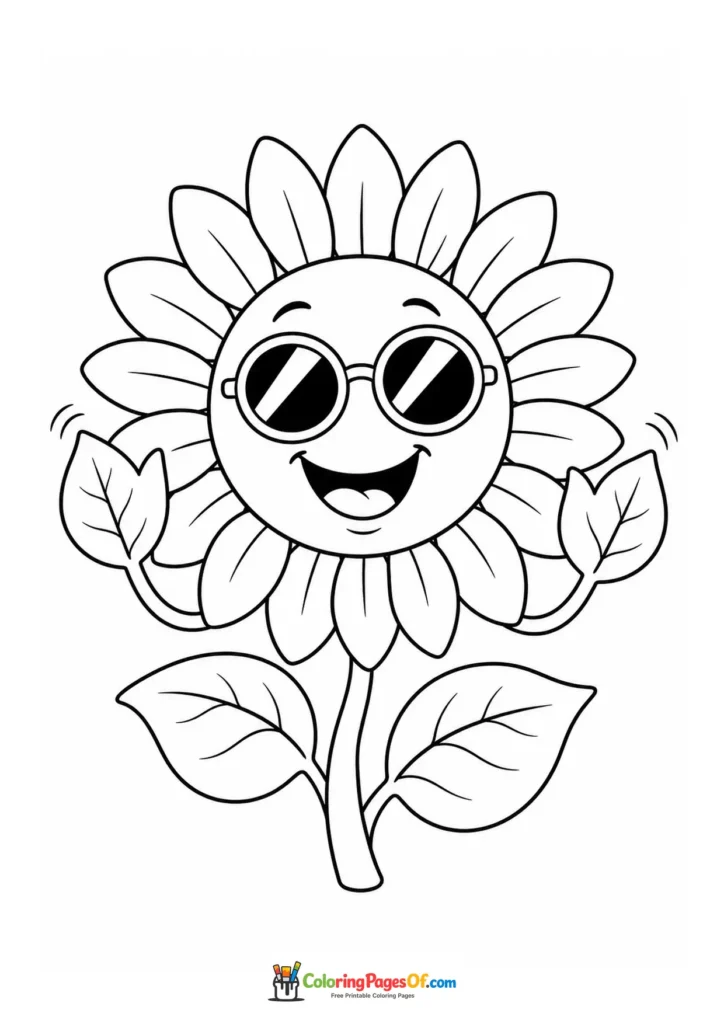 Funny smiling sunflower wearing round sunglasses and waving its leaves coloring page