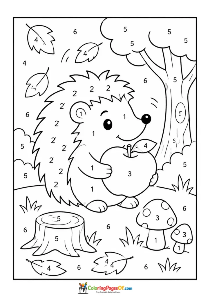 Hedgehog with Apple in Autumn Forest color by number coloring page