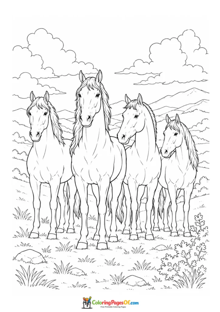 Herd of four horses in the mountains coloring page