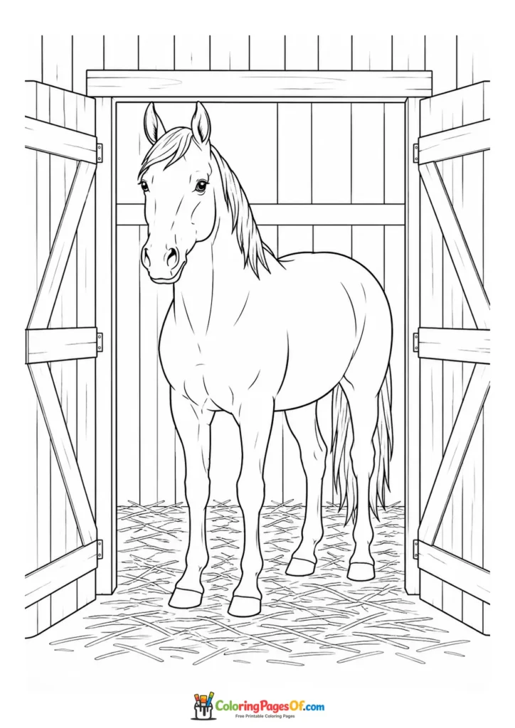 Horse at a stable entrance coloring page