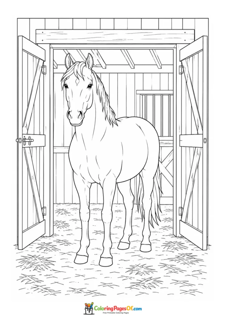 Horse at an open stable doorway coloring page