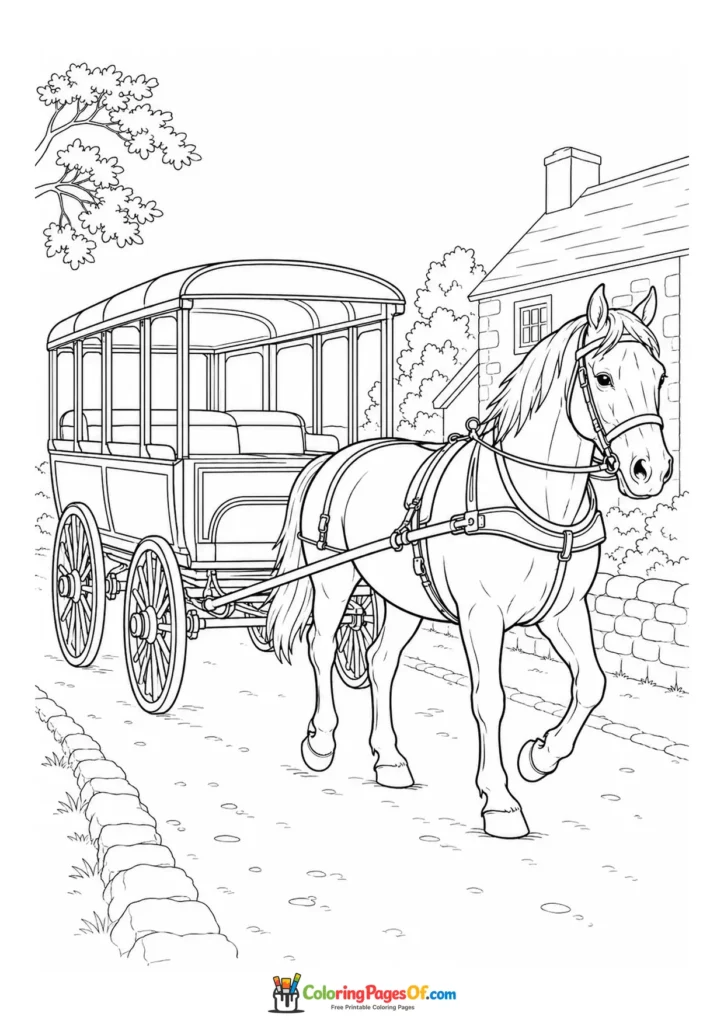Horse carriage on a village road coloring page