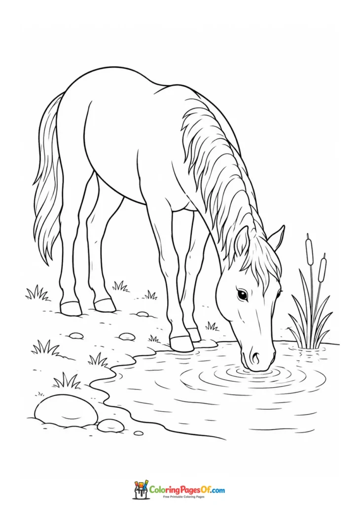 Horse drinking at a pond for kids coloring page