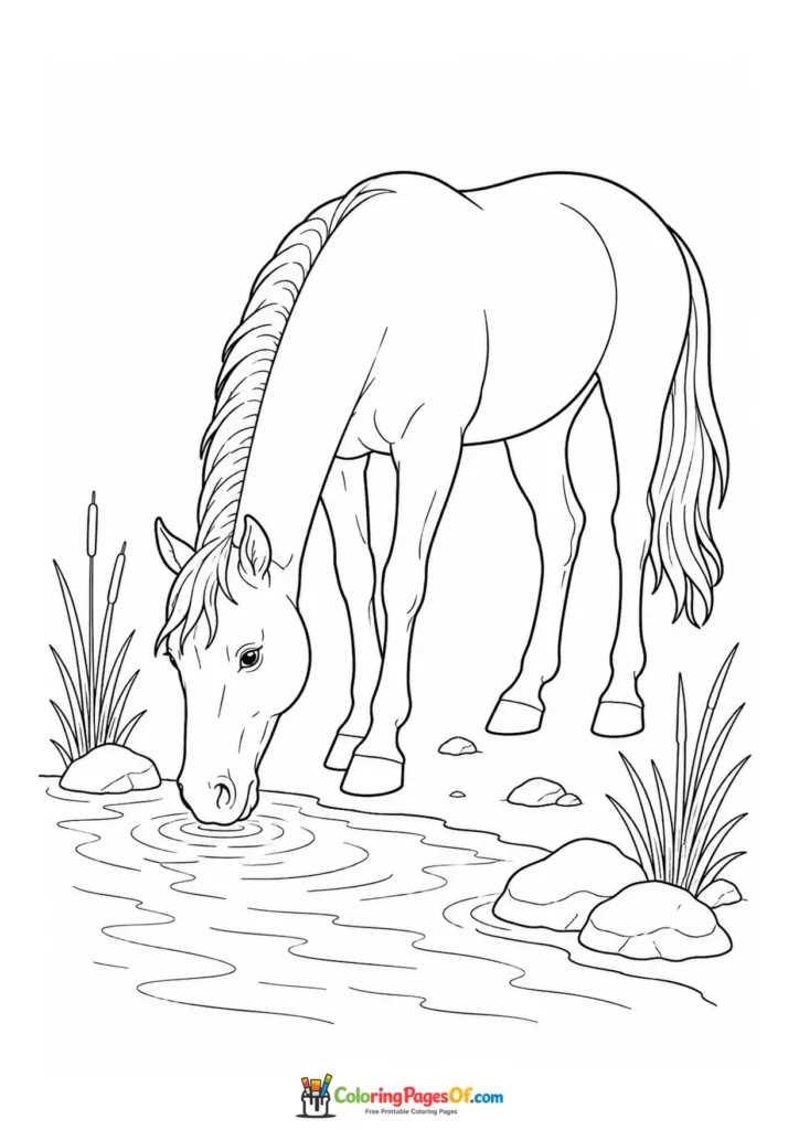 Horse drinking by a stream coloring page
