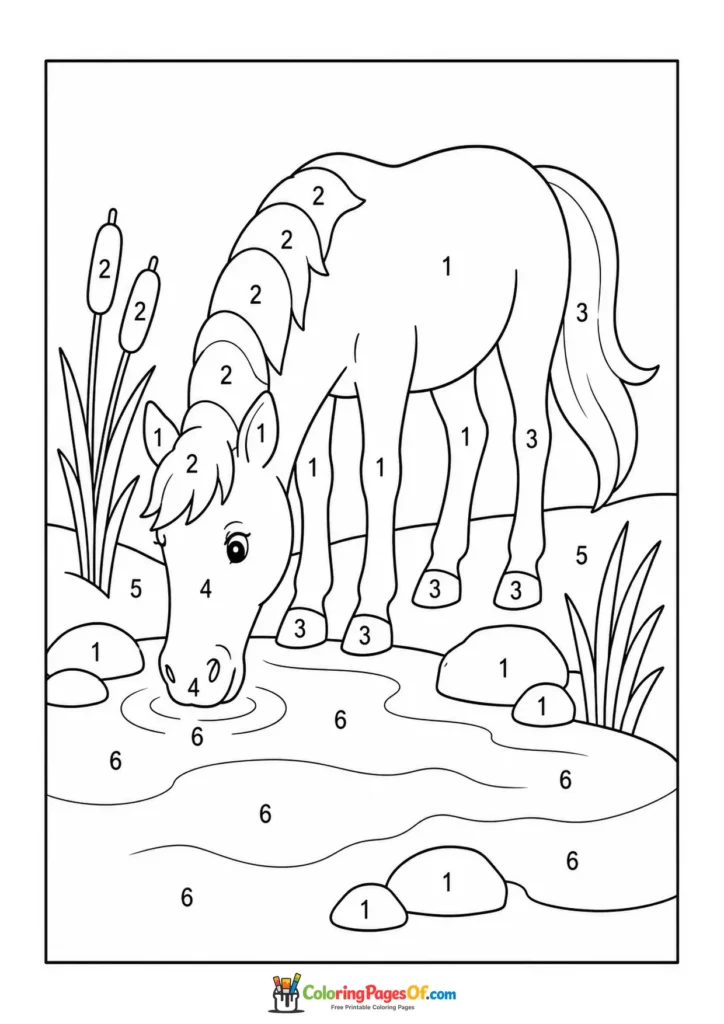 Horse drinking from a pond color by number