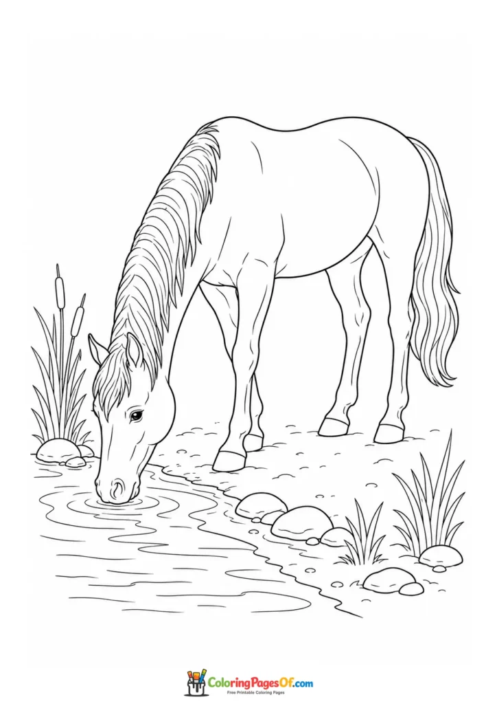 Horse drinking from a pond coloring page