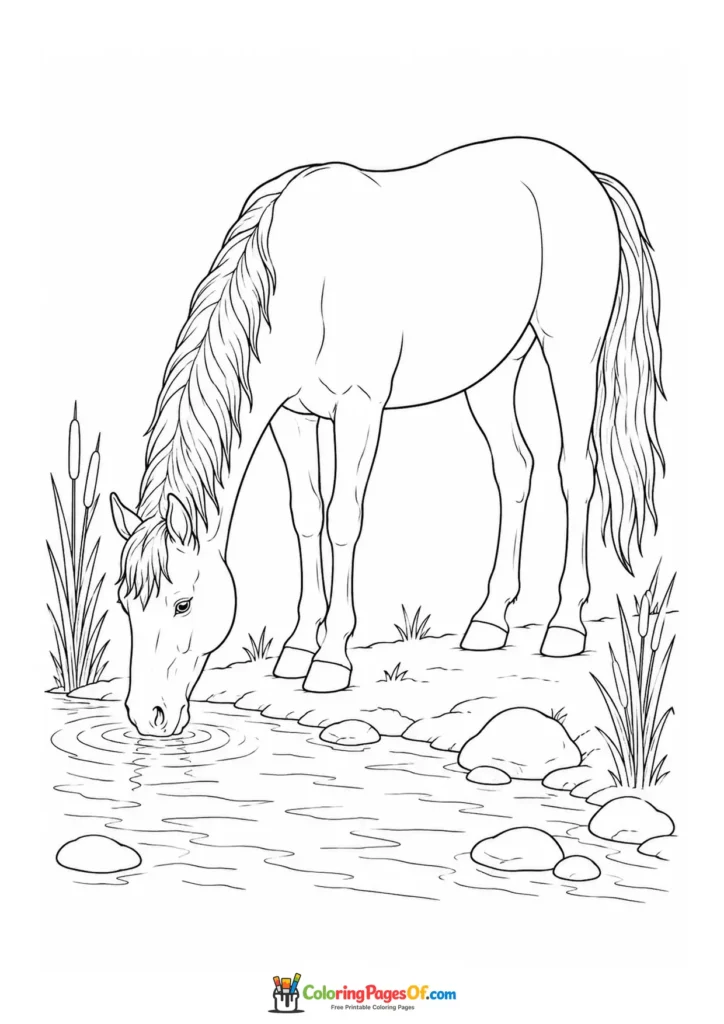 Horse drinking from a river coloring page