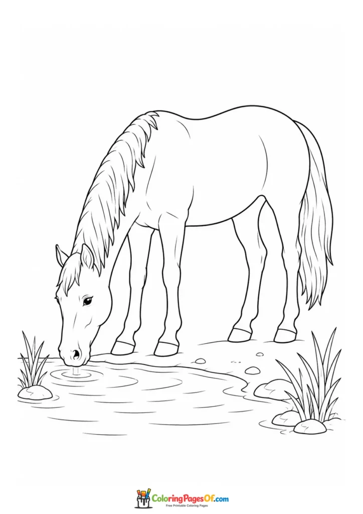 Horse drinking water from a pond coloring page