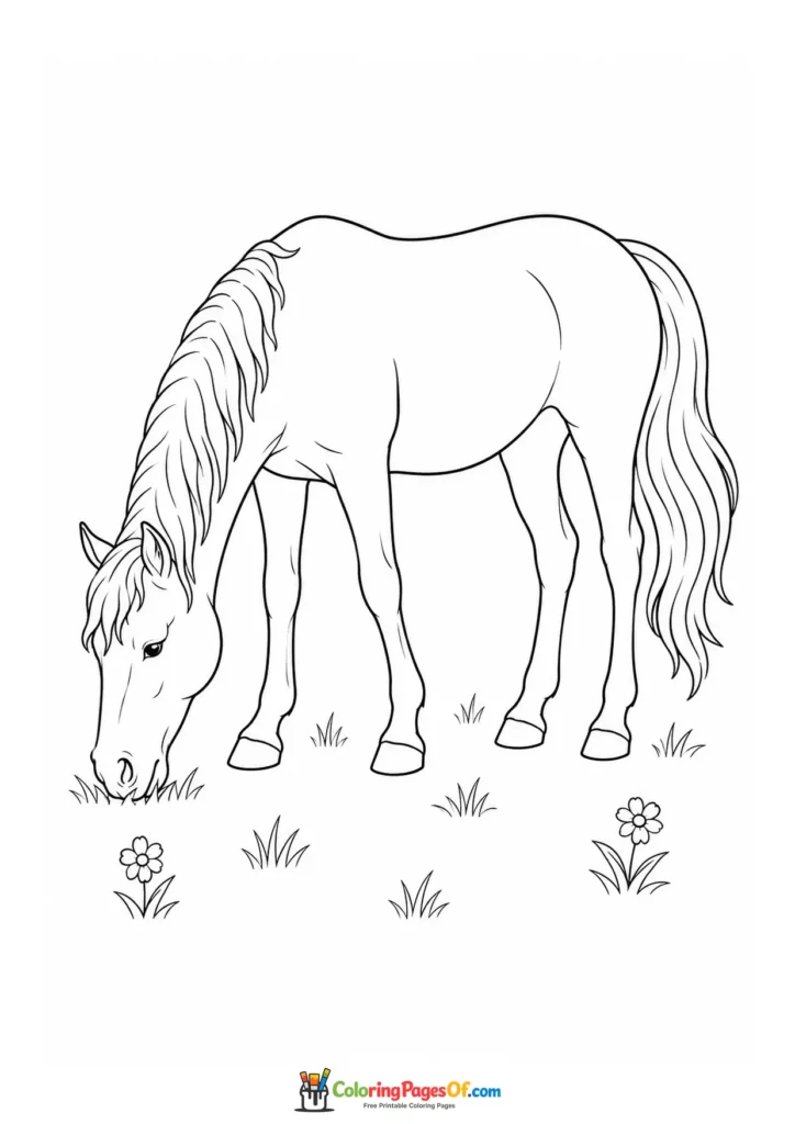 Horse eating grass among flowers coloring page