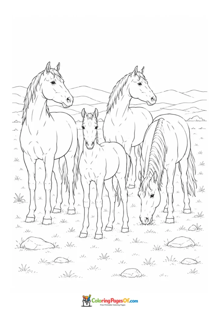 Horse herd with a foal in a pasture coloring page