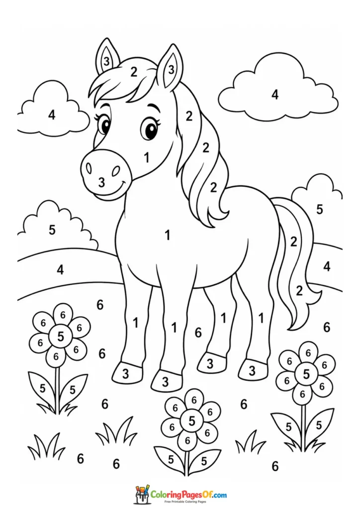 Horse in a flower meadow color by number