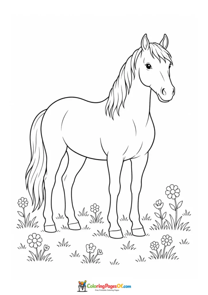 Horse in a flower meadow for kids coloring page