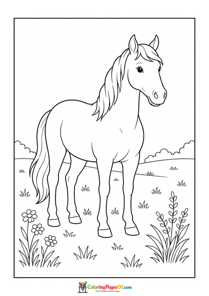Horse in a meadow coloring page