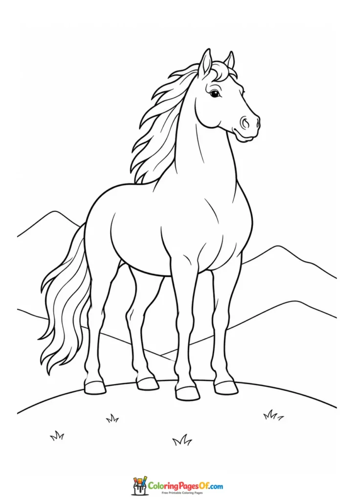 Horse in a mountain landscape coloring page