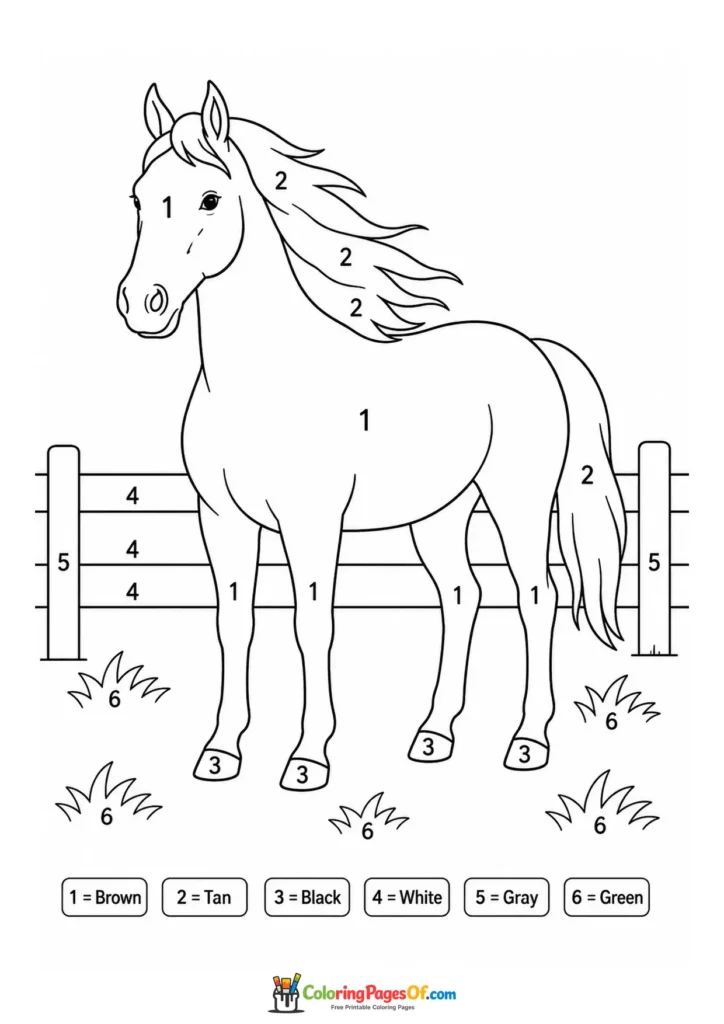 Horse in a paddock color by number