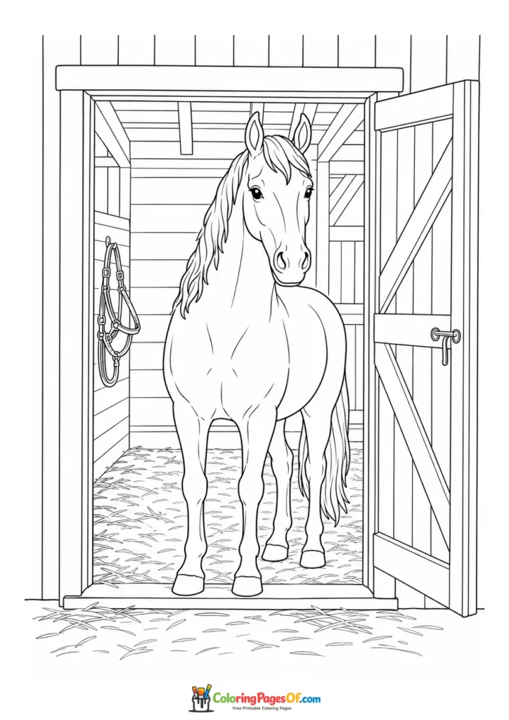 Horse in a stable doorway coloring page