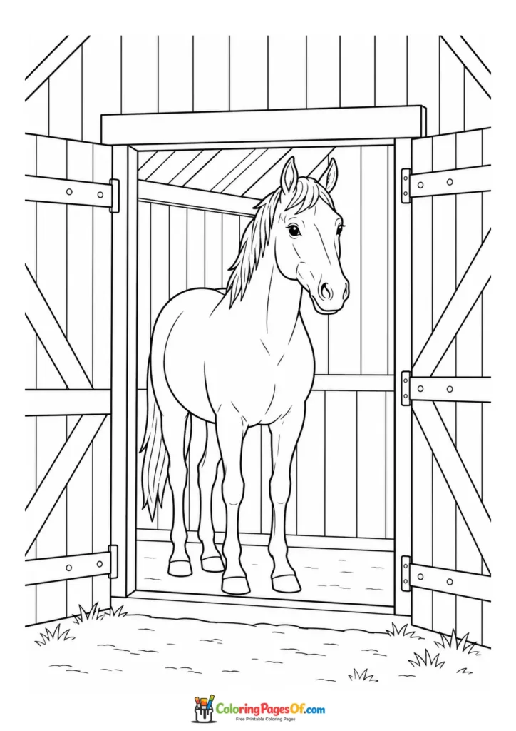 Horse in a stable doorway for kids coloring page