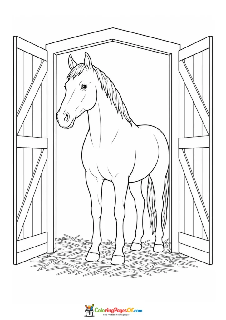 Horse in an open stable doorway coloring page
