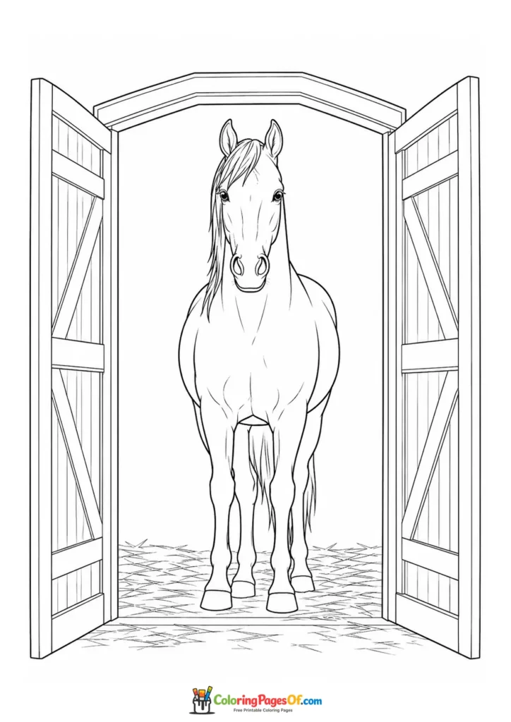 Horse in front of open stable doors coloring page