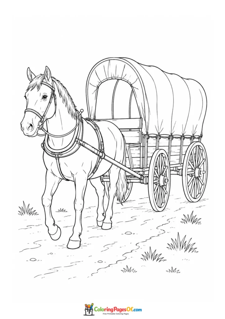 Horse pulling a covered wagon coloring page