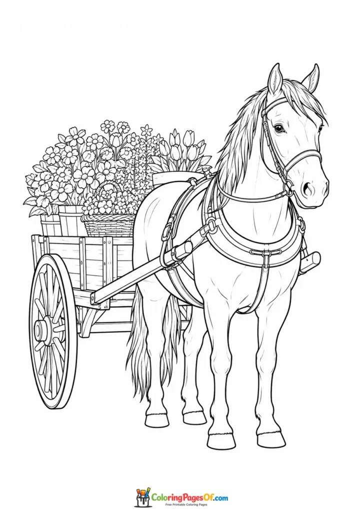 Horse pulling a flower cart coloring page