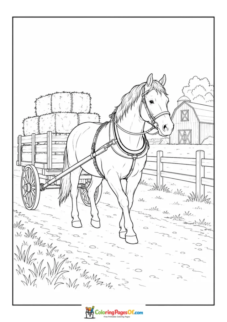 Horse pulling a hay cart coloring page