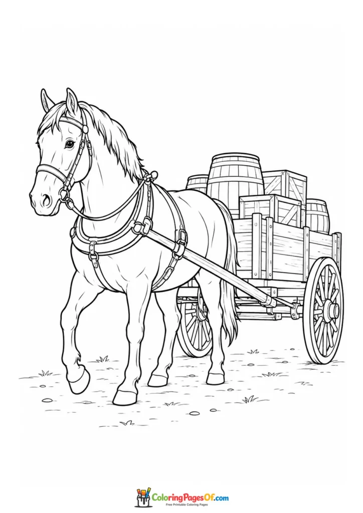 Horse pulling a loaded cargo cart coloring page