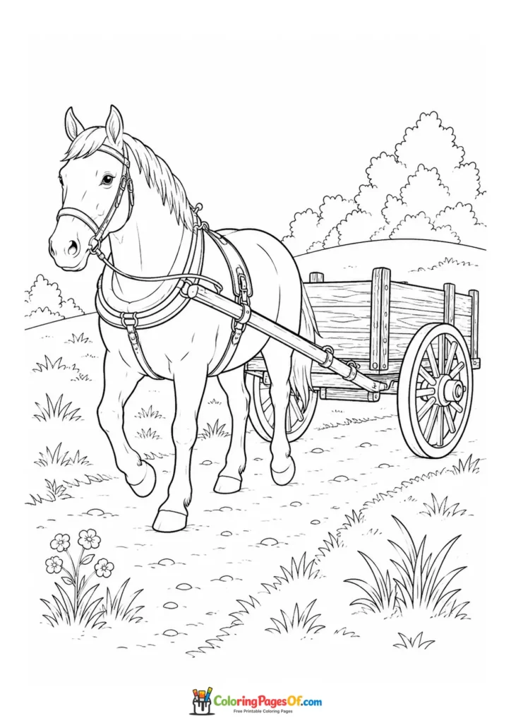 Horse pulling a wooden cart in the countryside coloring page