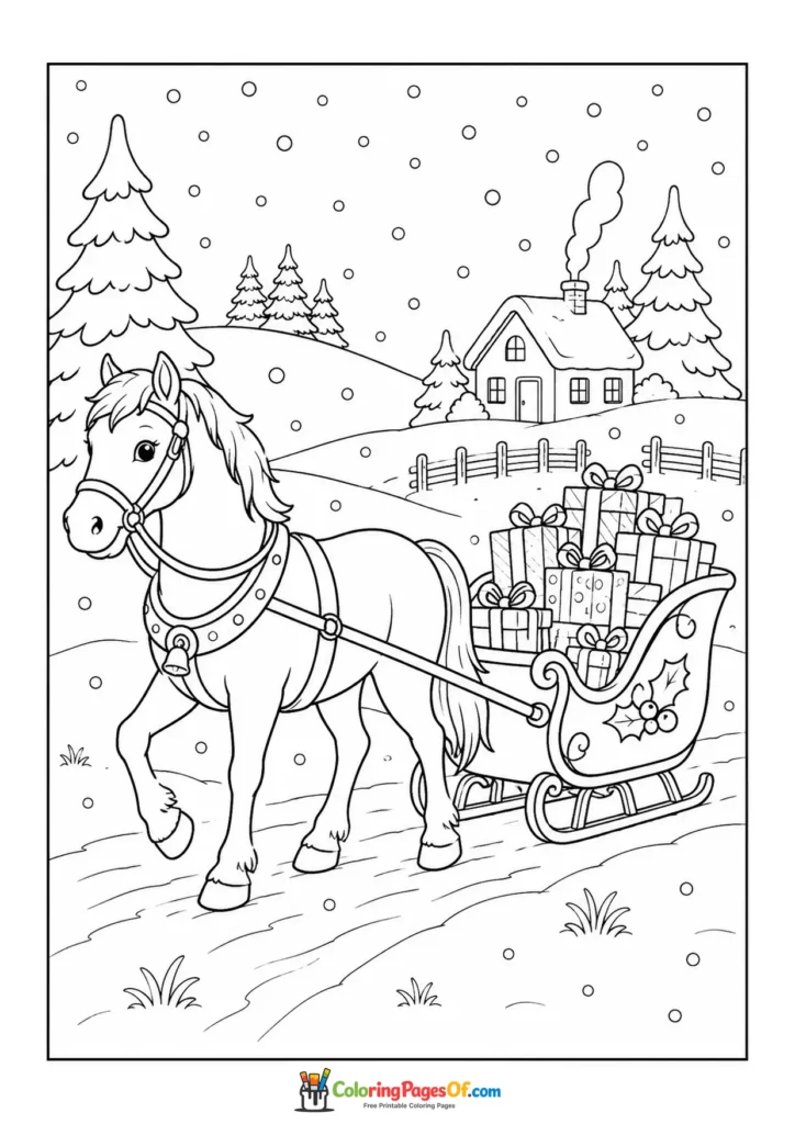 Weihnachten Ausmalbild: Pferd zieht einen Weihnachtsschlitten