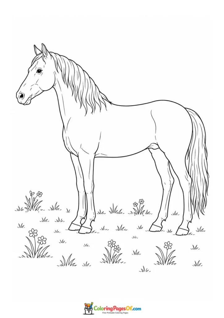 Horse standing among flowers coloring page