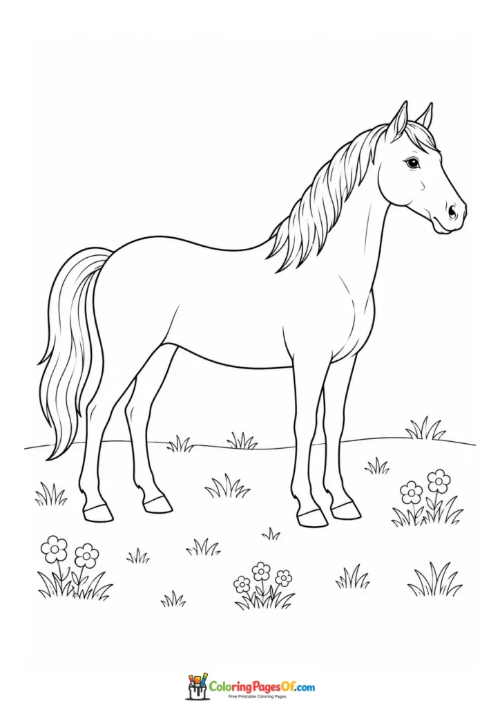 Horse standing in a flower meadow coloring page