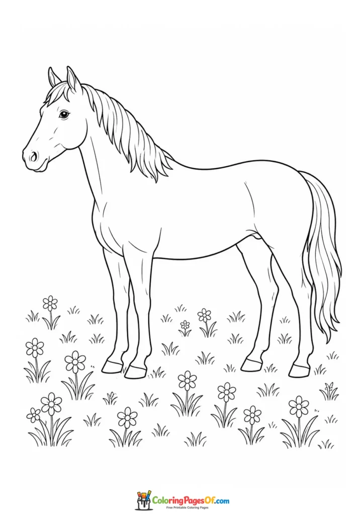 Horse standing in a wildflower field coloring page