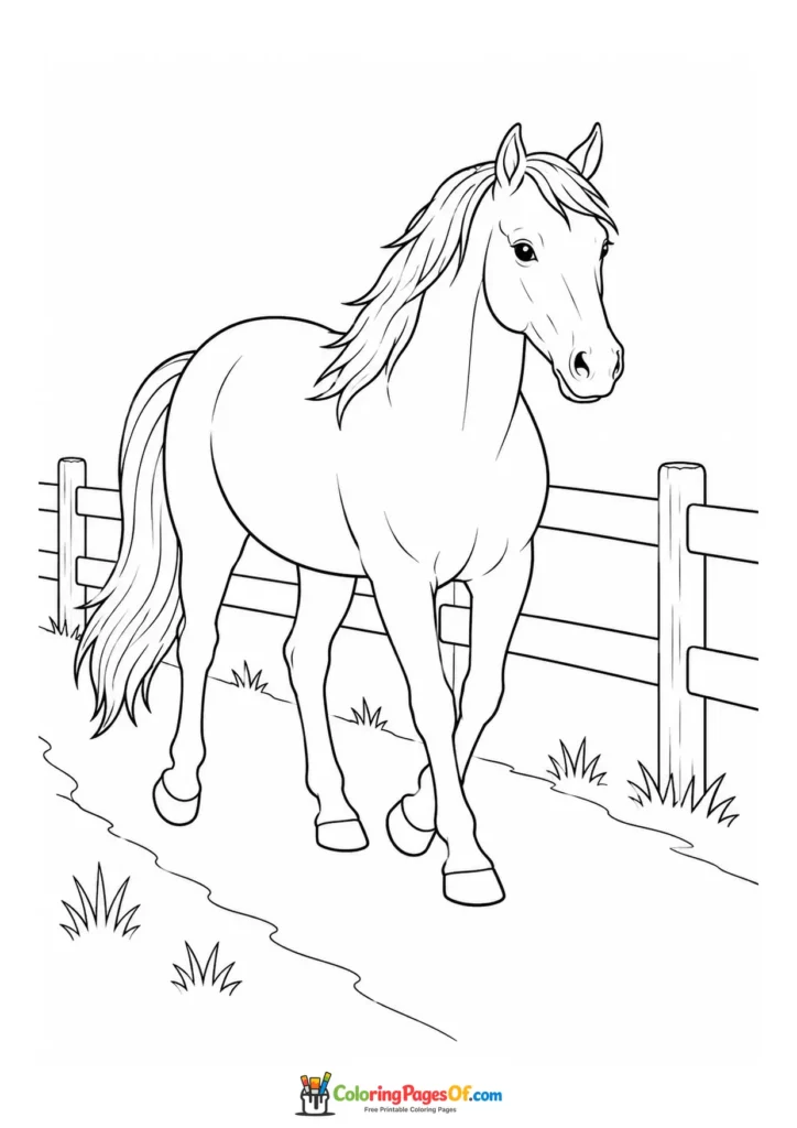 Horse walking beside a fence coloring page