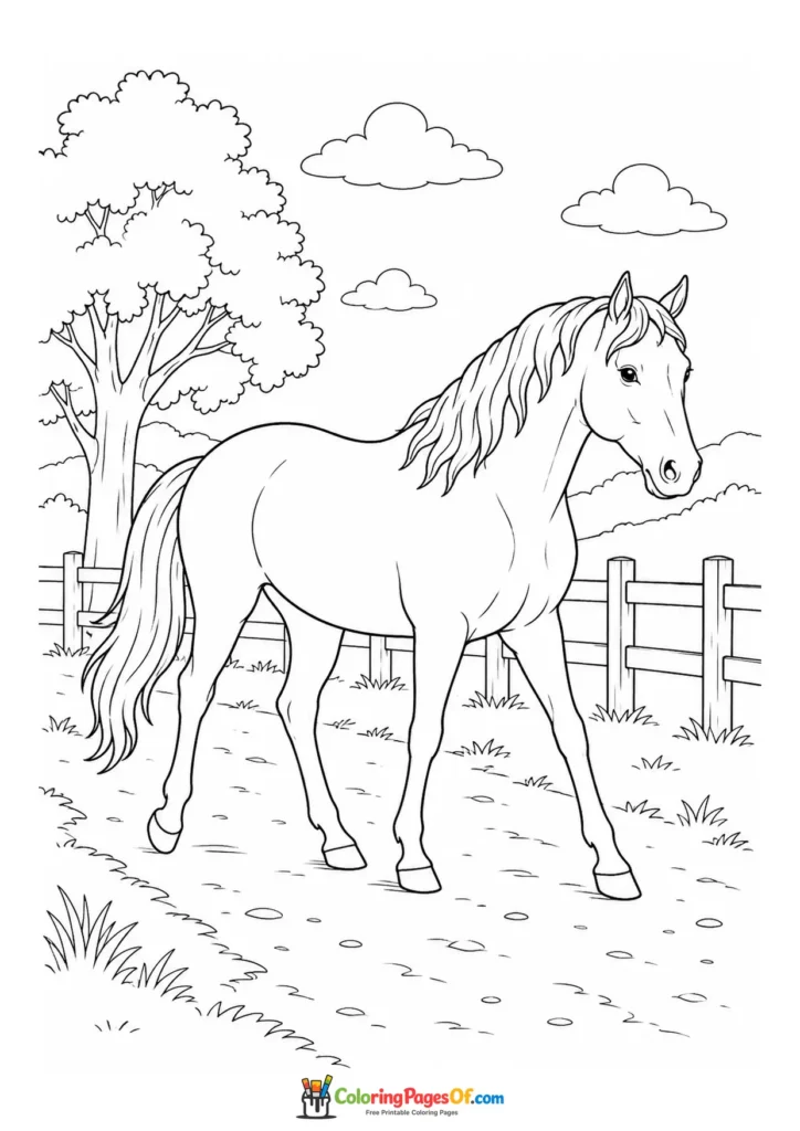 Horse walking beside a fence coloring page