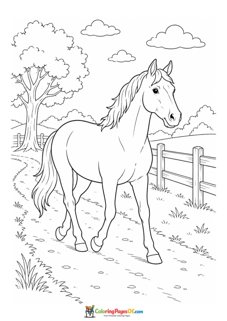 Horse walking on a country path coloring page