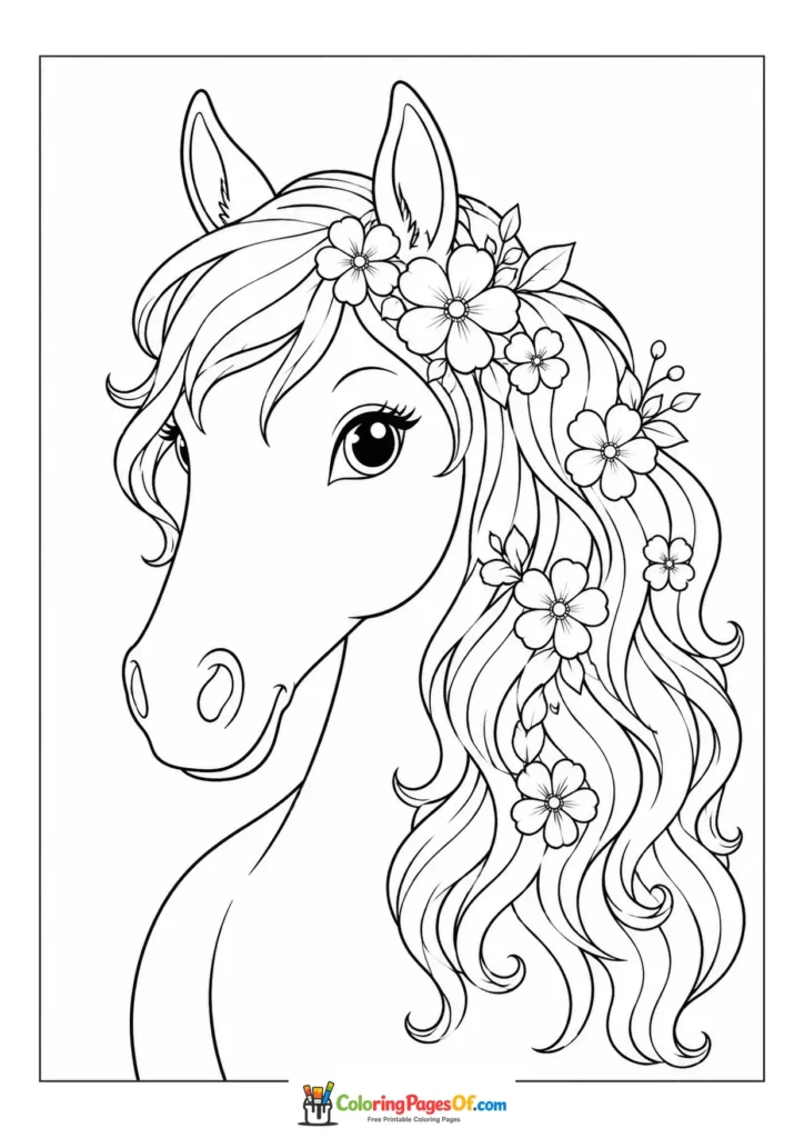 Horse with flowers in its mane coloring page