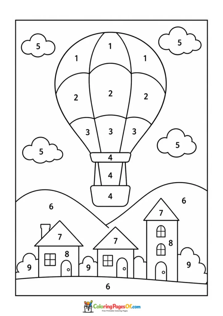 Hot Air Balloon above Houses color by number coloring page