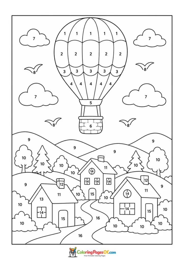 Hot Air Balloon over Village color by number coloring page