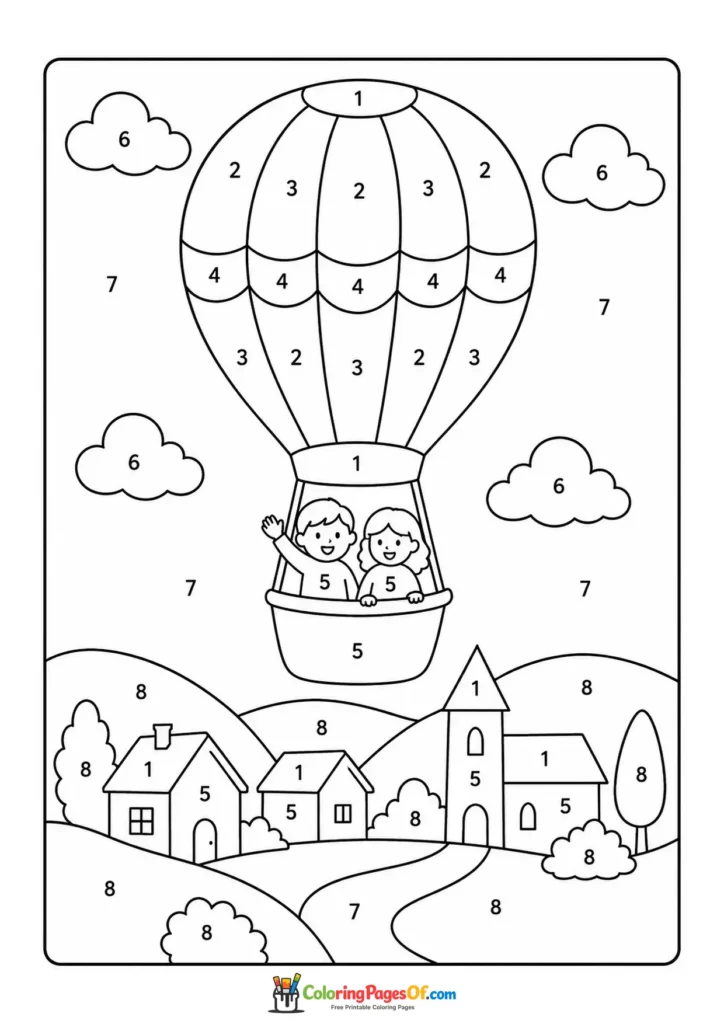 Hot Air Balloon with Children color by number coloring page