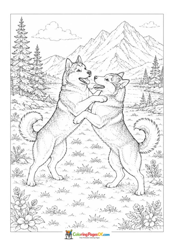 Huskies playing in a mountain meadow coloring page