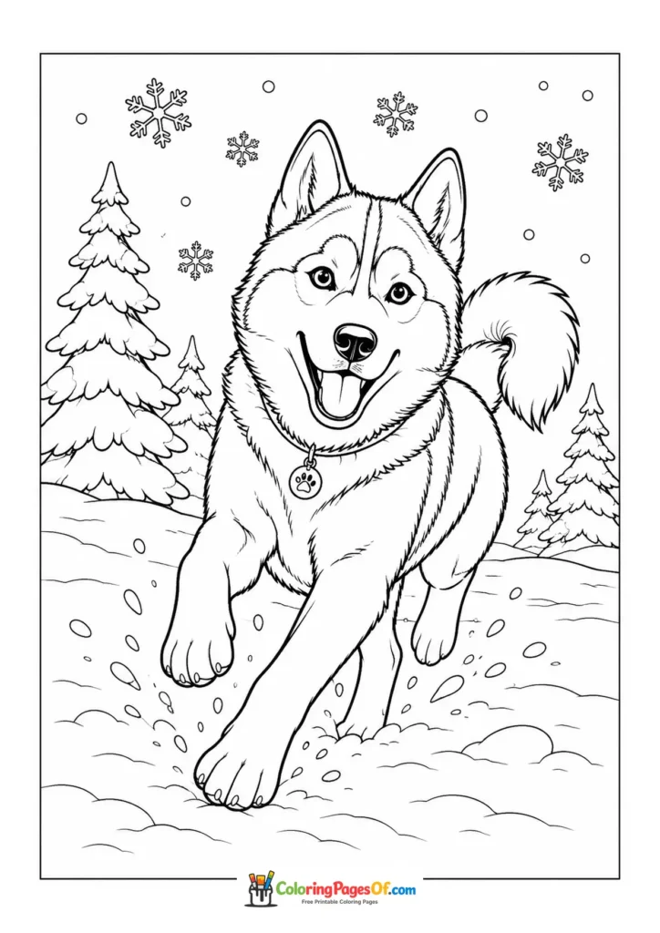 Husky running in a snowy forest coloring page