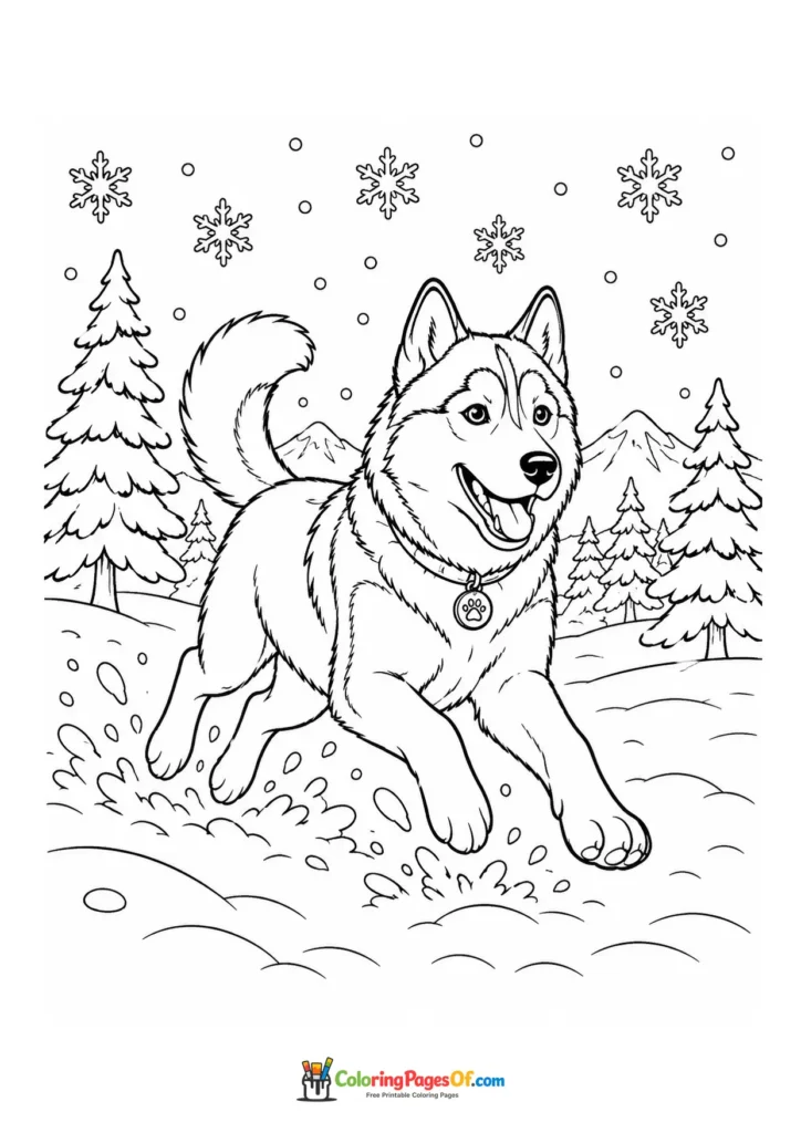 Husky running in snowy mountains coloring page